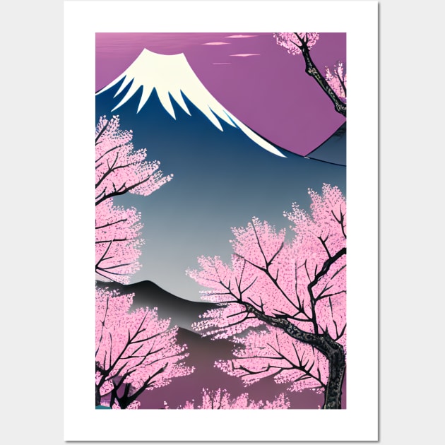 Fujiyama with cherry blossom trees, ukiyo e Wall Art by Ravenglow